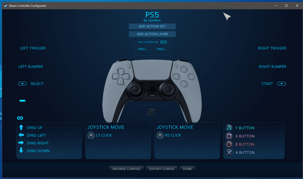 PS5 controller steam configuration displayed on screen