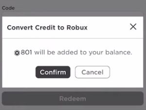 confirmation convert credit to robux